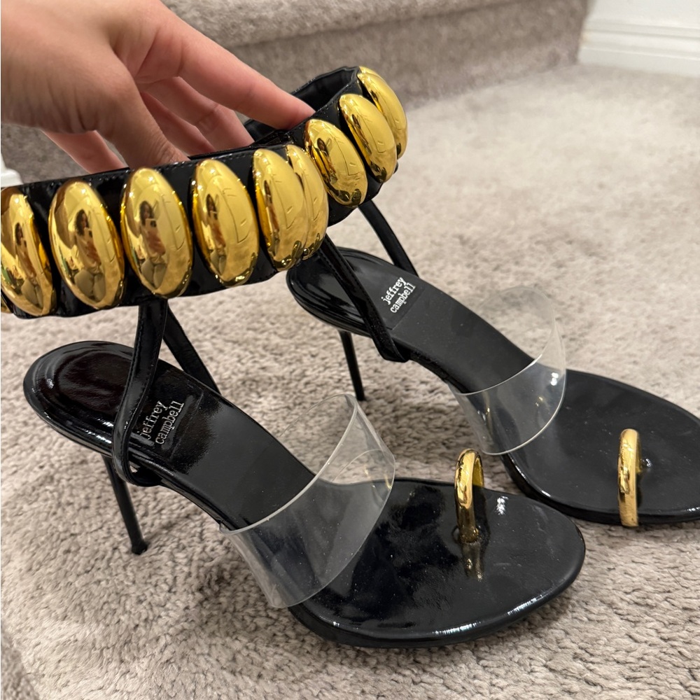 Jeffrey Campbell Black High Heel Sandals with Gold Accents